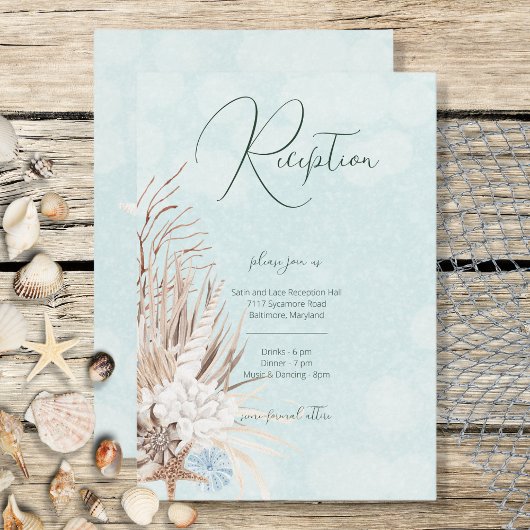 Modernes Aqua Ocean & Muscheln Hochzeitsempfang Begleitkarte