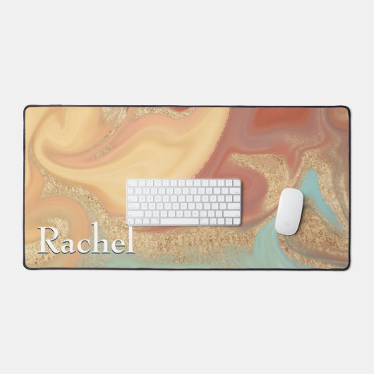 Modernes Aqua Rust Yellow Marble Swirl Monogramm Schreibtischunterlage (Tastatur & Maus)