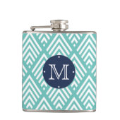 Modernes Aqua- und Navy-Zickzack-Diamond-Monogramm Flachmann (Vorderseite)