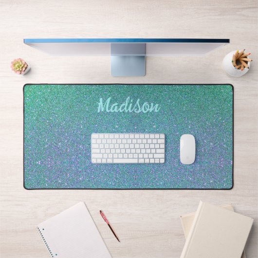 Modernes Aquamarin Blue Glitzer Glam Personalisier Schreibtischunterlage (Büro 1)