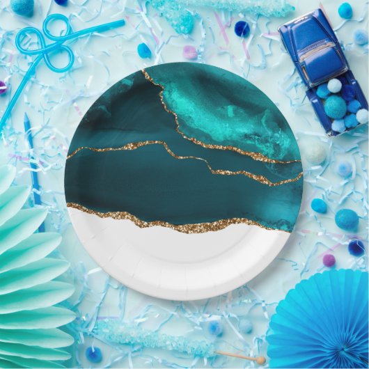 Modernes Aquamarin & Gold Agate auf Weiß Pappteller (Party)