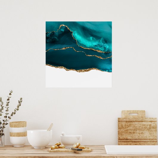 Modernes Aquamarin & Gold Agate auf Weiß Poster (Küche)