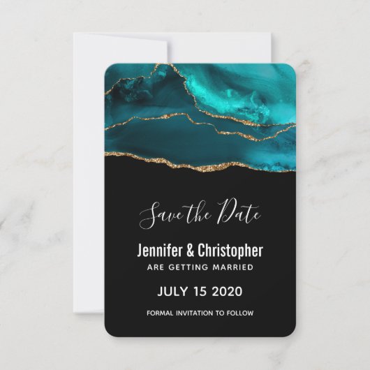 Modernes Aquamarin & Gold Agate Stone Abstract Des Save The Date (Vorderseite)