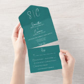Modernes Aquamarin-Minimal-Monogramm-Abendessen All In One Einladung (Abreißen)