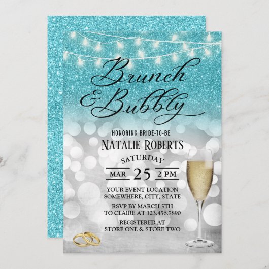 Modernes Aquamarin & Silver Brunch & Bubbly Brautp Einladung (Vorne/Hinten)