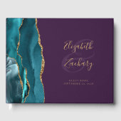 Modernes Aquamarines Agate Gold Script Lila Gästebuch (Vorderseite)