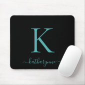 Modernes Aquamarines Aqua Monogram Script schwarz Mousepad (Mit Mouse)