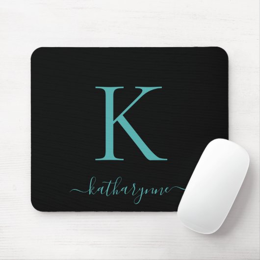 Modernes Aquamarines Aqua Monogram Script schwarz Mousepad (Mit Mouse)