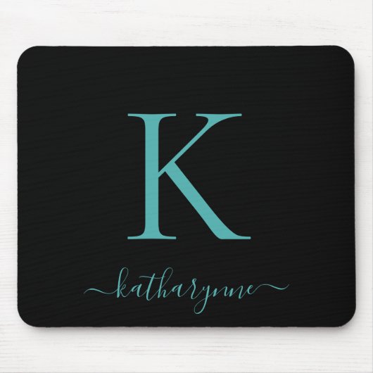 Modernes Aquamarines Aqua Monogram Script schwarz Mousepad (Vorne)