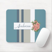 Modernes Aquamarines Blau und gestreifte Blüten Mousepad (Mit Mouse)