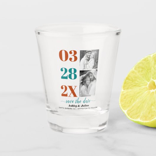 Modernes aquamarines Blau und Rost zwei Foto Save  Schnapsglas (Vorderseite)