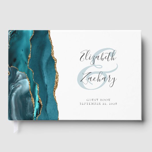 Modernes Aquamarines Blue Agate Gold Script Gästebuch (Vorderseite)