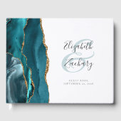 Modernes Aquamarines Blue Agate Gold Script Gästebuch (Vorderseite)