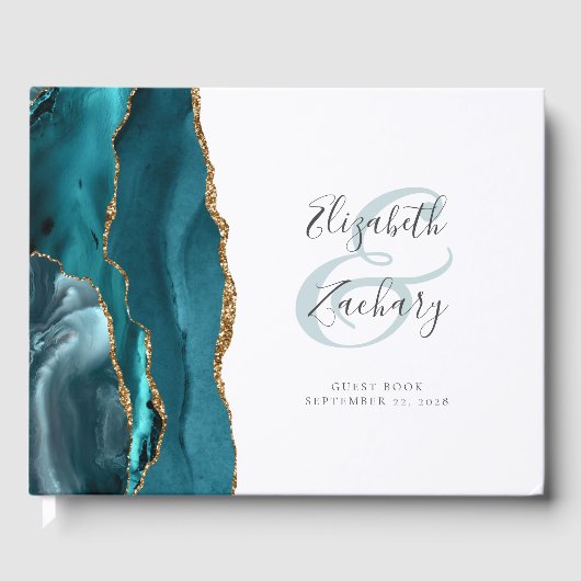 Modernes Aquamarines Blue Agate Gold Script Gästebuch (Vorderseite)