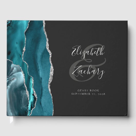 Modernes Aquamarines Blue Agate Silver Script Dark Gästebuch (Vorderseite)