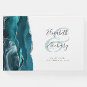 Modernes Aquamarines Blue Agate Silver Script Gästebuch (Vorderseite)