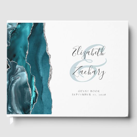 Modernes Aquamarines Blue Agate Silver Script Gästebuch (Vorderseite)