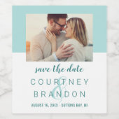 Modernes Aquamarines Blue Green Wedding Foto Save  Weinetikett (Einzelnes Label)