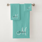 Modernes Aquamarines, elegantes Monogramm-Skript Badhandtuch Set (Insitu)