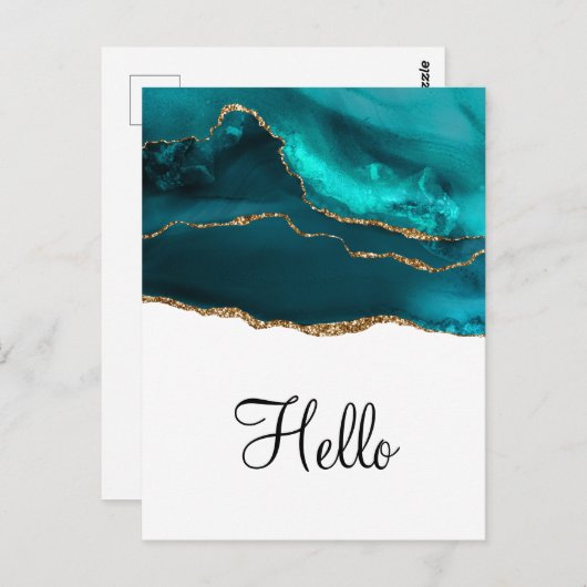 Modernes Aquamarines Gold & White Agate Hallo Postkarte (Vorne/Hinten)