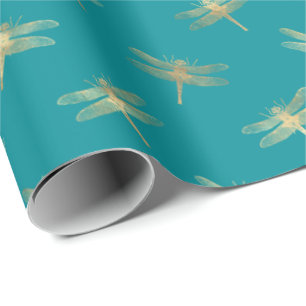 Modernes Aquamarines Golddrachenmuster Geschenkpapier