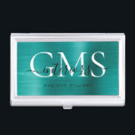 Modernes Aquamarines grünes Bürstenmetall 3 Monogr Visitenkarten Dose<br><div class="desc">Modernes,  Aquamarines,  grünes Bürstenmetall-Monogramm-Script-Kartongehäuse</div>