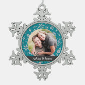 Modernes Aquamarines Holiday Folies Couple Foto Schneeflocken Zinn-Ornament (Vorderseite)