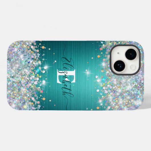 Modernes Aquamarines Holografisches Imitat Glitzer Case-Mate iPhone Hülle (Rückseite (Horizontal))