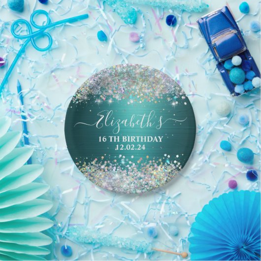 Modernes Aquamarines Holografisches Imitat Glitzer Pappteller (Party)