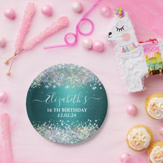 Modernes Aquamarines Holografisches Imitat Glitzer Pappteller (Party)