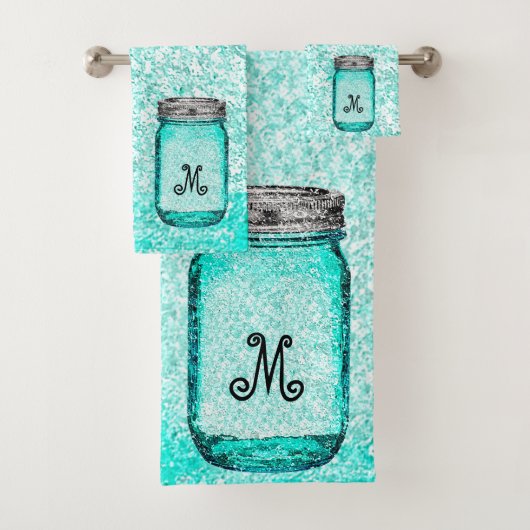 Modernes Aquamarines Monogramm-Muster Badhandtuch Set (Insitu)