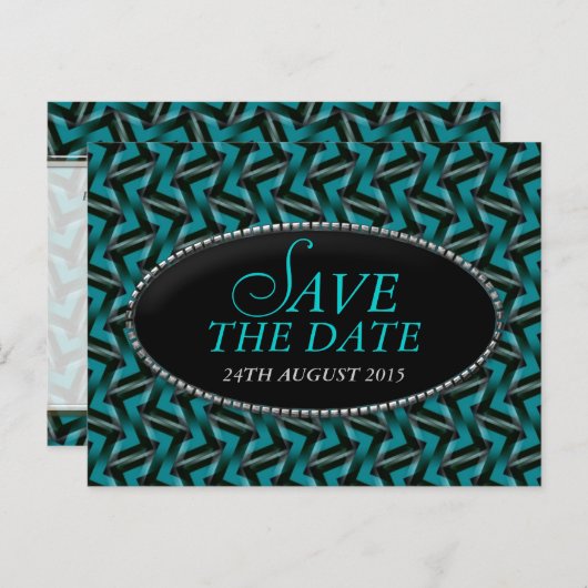 Modernes Aquamarines Schwarzes Muster Save the Dat Ankündigungspostkarte (Vorne/Hinten)