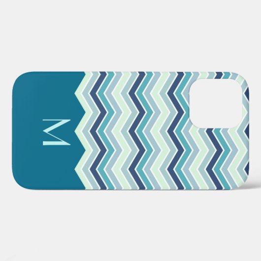 Modernes aquamarines Zickzack Streifen-Monogramm Case-Mate iPhone Hülle (Rückseite (Horizontal))