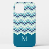 Modernes aquamarines Zickzack Streifen-Monogramm Case-Mate iPhone Hülle (Rückseite)