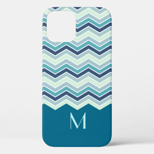 Modernes aquamarines Zickzack Streifen-Monogramm Case-Mate iPhone Hülle (Rückseite)