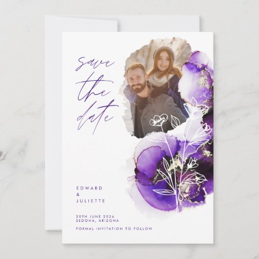 Modernes Aquarell Agate Violet Ink & Florals Foto Save The Date (Vorderseite)