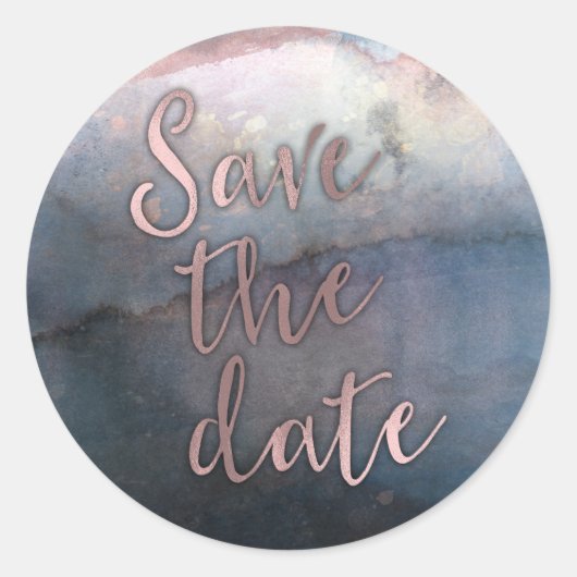 Modernes Aquarell Blau & Rose Gold Save the Date Runder Aufkleber (Vorderseite)