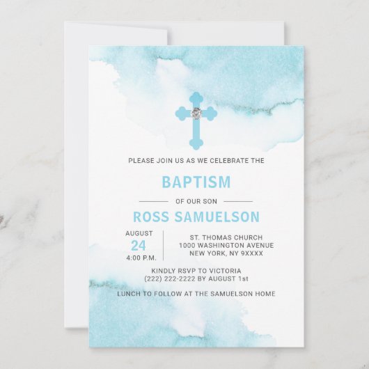 Modernes Aquarell Blue BOY Taufe Christening Einladung (Vorderseite)