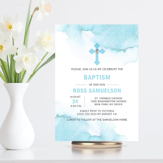 Modernes Aquarell Blue BOY Taufe Christening Einladung