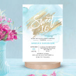 Modernes Aquarell Blue Sweet 16 Sechzehn 3,5 x 5" Einladung<br><div class="desc">*** CARDS sind 3.5"x5" klicken Sie auf "GRÖSSE" für GRÖSSERE Größen *** Schicken Sie diese modernen und eleganten süßen 16 sechzehn Einladungen an Ihre Gäste. Helle pastellblaue Aquarellfarbe auf weißem Hintergrund. Imitate goldener Pinselstrich mit 16 in Imitat Glitzer ! Editable Karten - Personalisieren Sie sie, indem Sie Ihren Text hinzufügen....</div>
