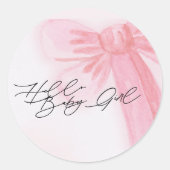 Modernes Aquarell Blush Pink Bow Hallo Baby Girl Runder Aufkleber (Vorderseite)