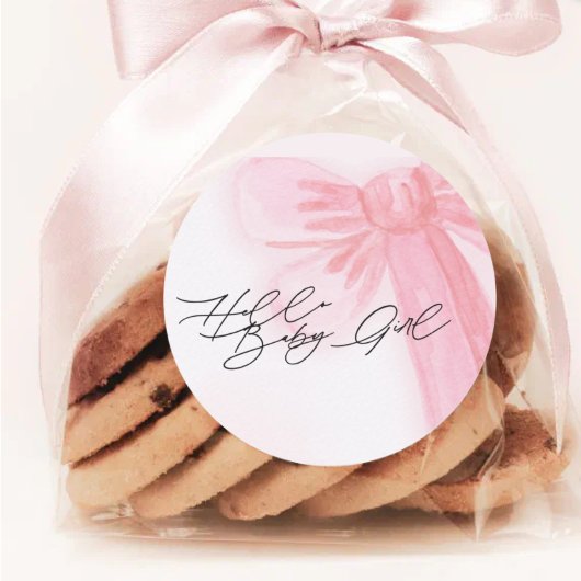 Modernes Aquarell Blush Pink Bow Hallo Baby Girl Runder Aufkleber