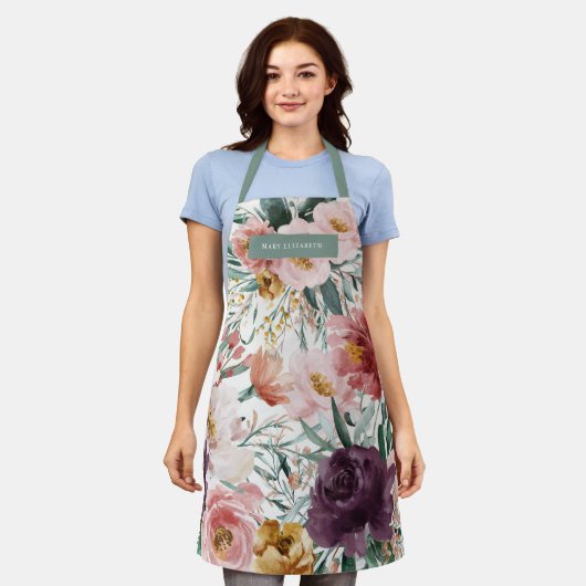 Modernes Aquarell florenfarbenes Rosa + Salbei Grü Schürze (Getragen)