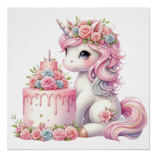 Modernes Aquarellbaby Einhorn mit Kuchen4 Poster (Vorderseite)