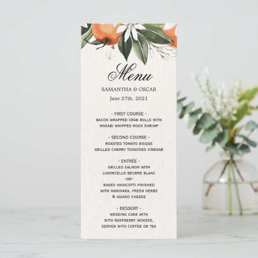 Modernes Aquarellbad Orange & Blätter Schönheit Menükarte (Stehend Vorderseite)