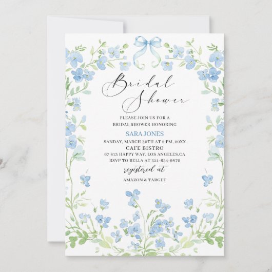 Modernes Aquarellblau Blumen Brautparty Einladung (Vorderseite)