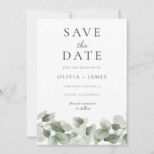 Modernes Aquarellgrün Leaf Elegante Hochzeit Save The Date (Vorderseite)