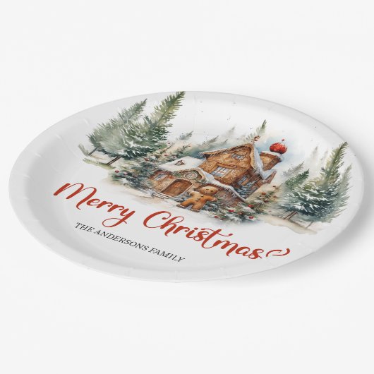 Modernes Aquarellhaus im Wald Pappteller (Schrägansicht)