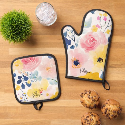 Modernes Aquarellmuster Ofenhandschuh & Topflappen-Set (Oben Unten)