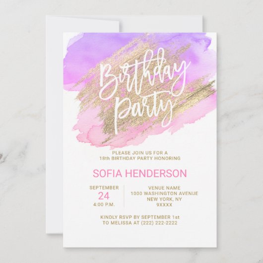 Modernes Aquarellpinken Lila Gold Geburtstag Einladung (Vorderseite)